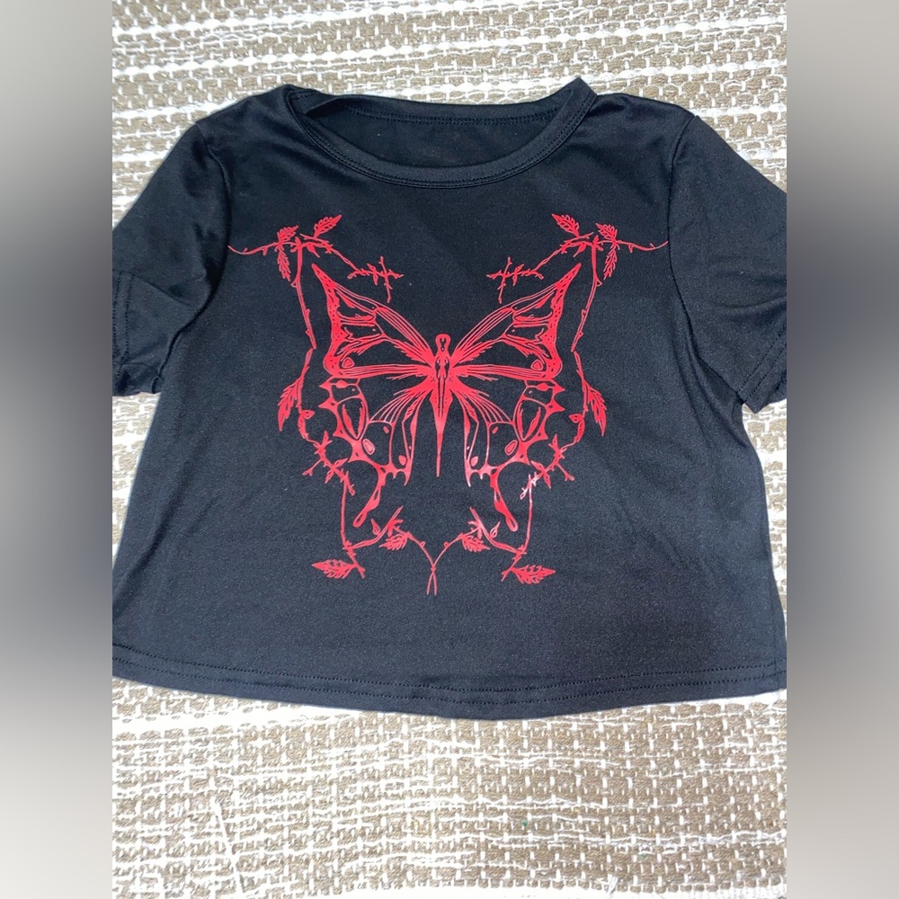 Cute black crop top withh red butterfly
